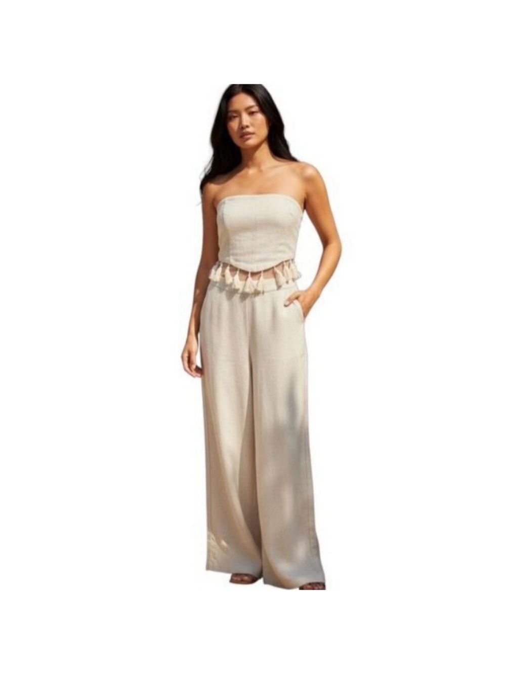 NWOT Strapless Wide-Leg Linen Jumpsuit in Light Beige
